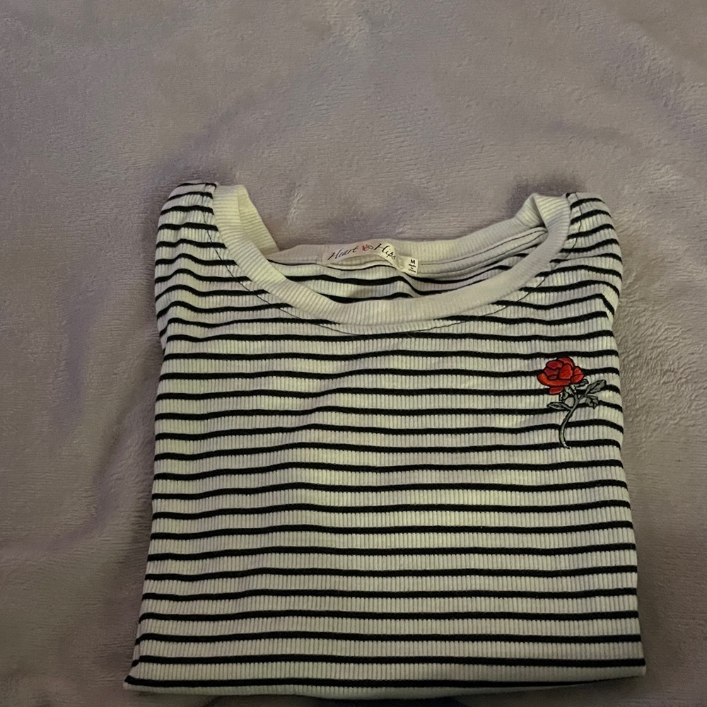Striped Black and White Crop Top with Rose Embroidery